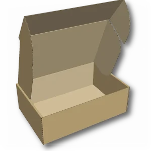 Klappdeckelkarton FEFCO 0427, ein Karton mit einem Klappdeckel, der frontseitig eingesteckt wird. Zum Aufbau werden die beiden Seitenflächen um 180 Grad geknickt